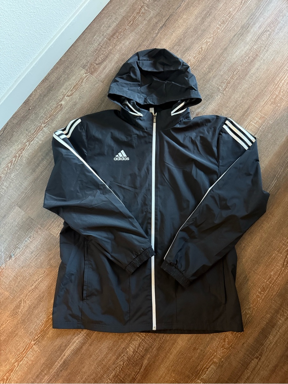 Adidas Black Detachable Hooded Windbreaker with White Stripes